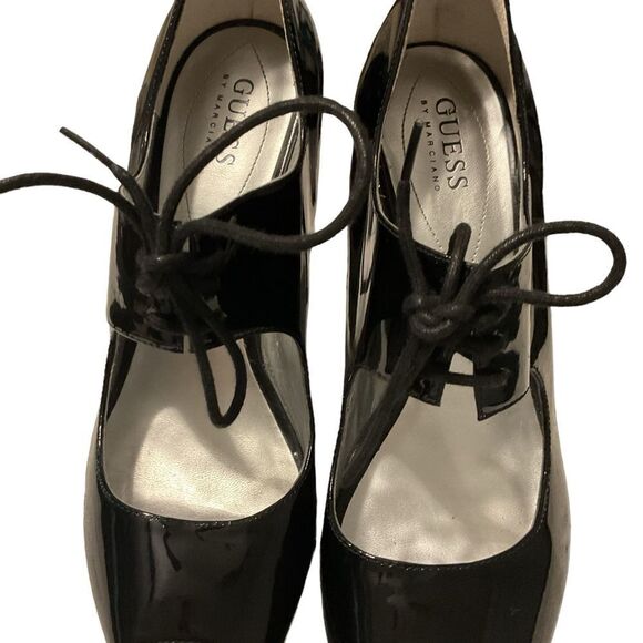GUESS by MARCIANO Mary Jane black Patent Leather Tie‎ Laces Peep Toe size 9.5 - Picture 5 of 7